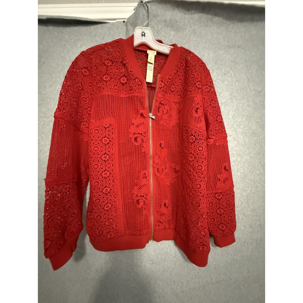 Chico's Jacket Womens 2 Red Lace Floral Bomber Zip Front Sheer Unlined